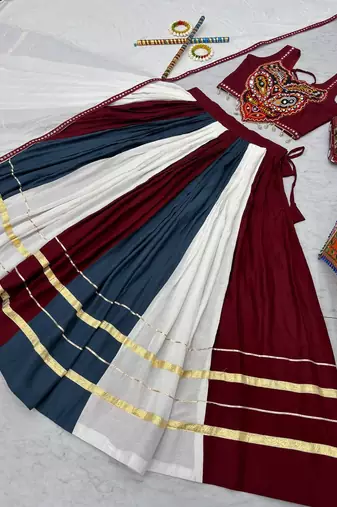 Maroon and White Cotton Gamthi Work Navratri Chaniya Choli