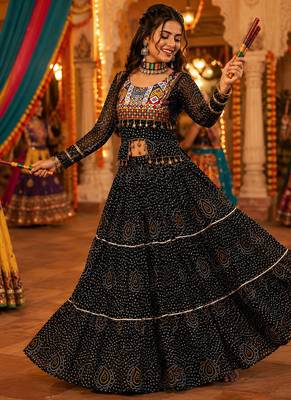 Black Georgette Bandhani Print Navratri Chaniya Choli with Kutch Embroidery Blouse 1