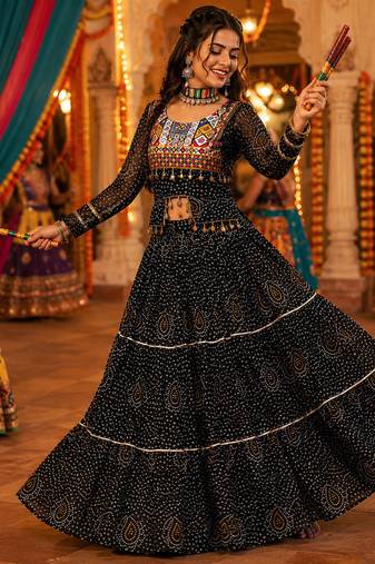 Black Georgette Bandhani Print Navratri Chaniya Choli with Kutch Embroidery Blouse