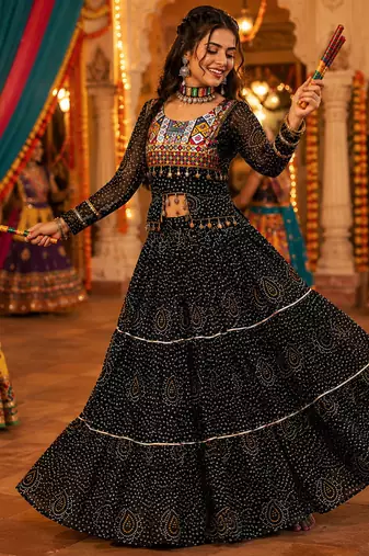 Black Georgette Bandhani Print Navratri Chaniya Choli with Kutch Embroidery Blouse