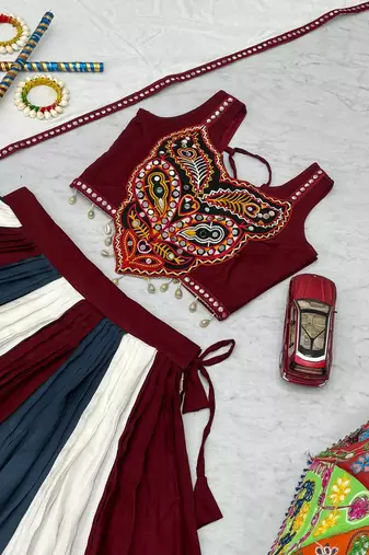 Maroon and White Cotton Gamthi Work Navratri Chaniya Choli