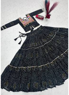 Black Georgette Bandhani Print Navratri Chaniya Choli with Kutch Embroidery Blouse 2