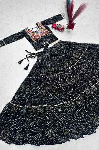 Black Georgette Bandhani Print Navratri Chaniya Choli with Kutch Embroidery Blouse