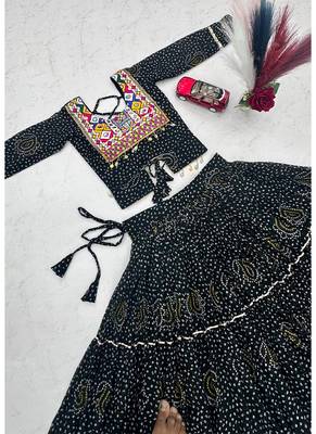 Black Georgette Bandhani Print Navratri Chaniya Choli with Kutch Embroidery Blouse 3