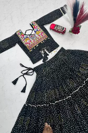 Black Georgette Bandhani Print Navratri Chaniya Choli with Kutch Embroidery Blouse