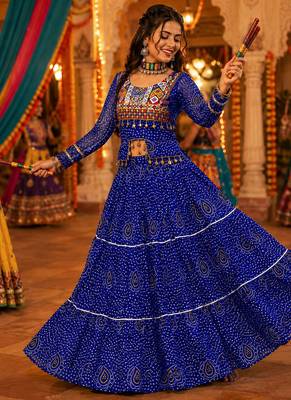 Royalblue Georgette Bandhani Print Navratri Chaniya Choli with Kutch Embroidery Blouse 1