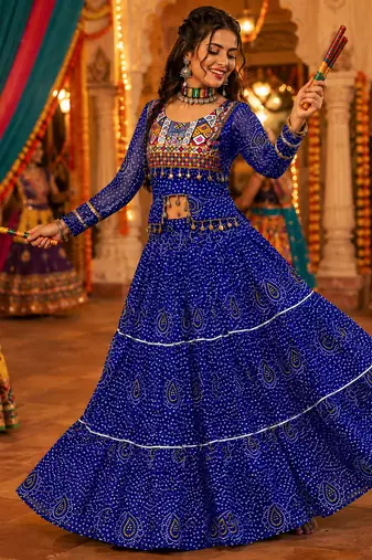 Royalblue Georgette Bandhani Print Navratri Chaniya Choli with Kutch Embroidery Blouse