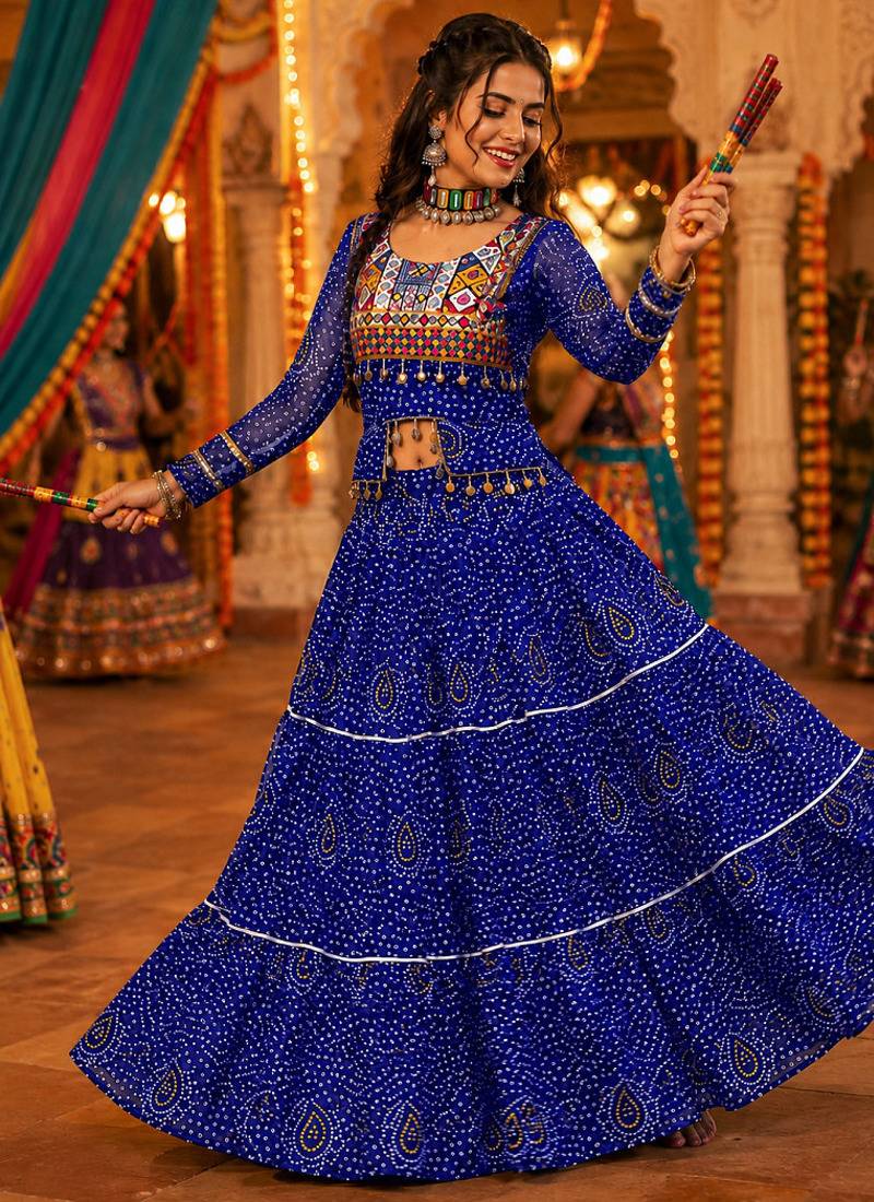 Royalblue Georgette Bandhani Print Navratri Chaniya Choli with Kutch Embroidery Blouse