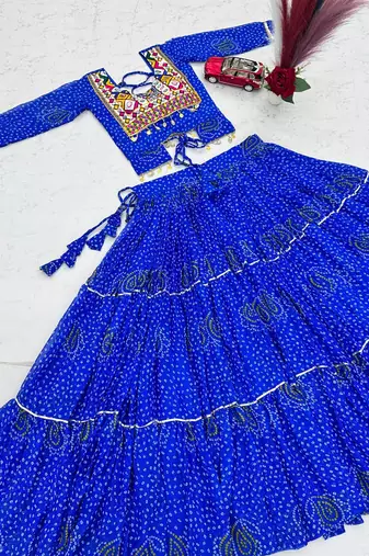 Royalblue Georgette Bandhani Print Navratri Chaniya Choli with Kutch Embroidery Blouse