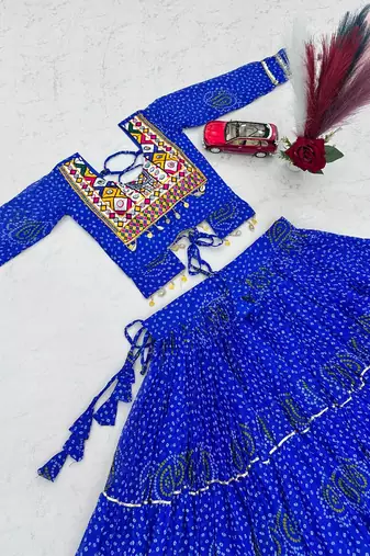 Royalblue Georgette Bandhani Print Navratri Chaniya Choli with Kutch Embroidery Blouse