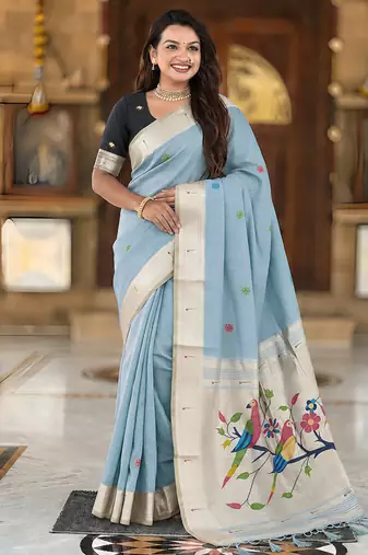 Skyblue cotton silk saree with traditional bird motifs pallu with blouse