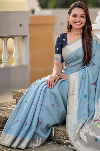 Skyblue cotton silk saree with traditional bird motifs pallu with blouse