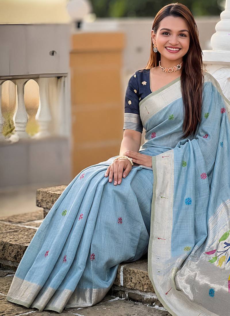 Skyblue cotton silk saree with traditional bird motifs pallu with blouse
