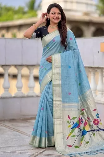Skyblue cotton silk saree with traditional bird motifs pallu with blouse