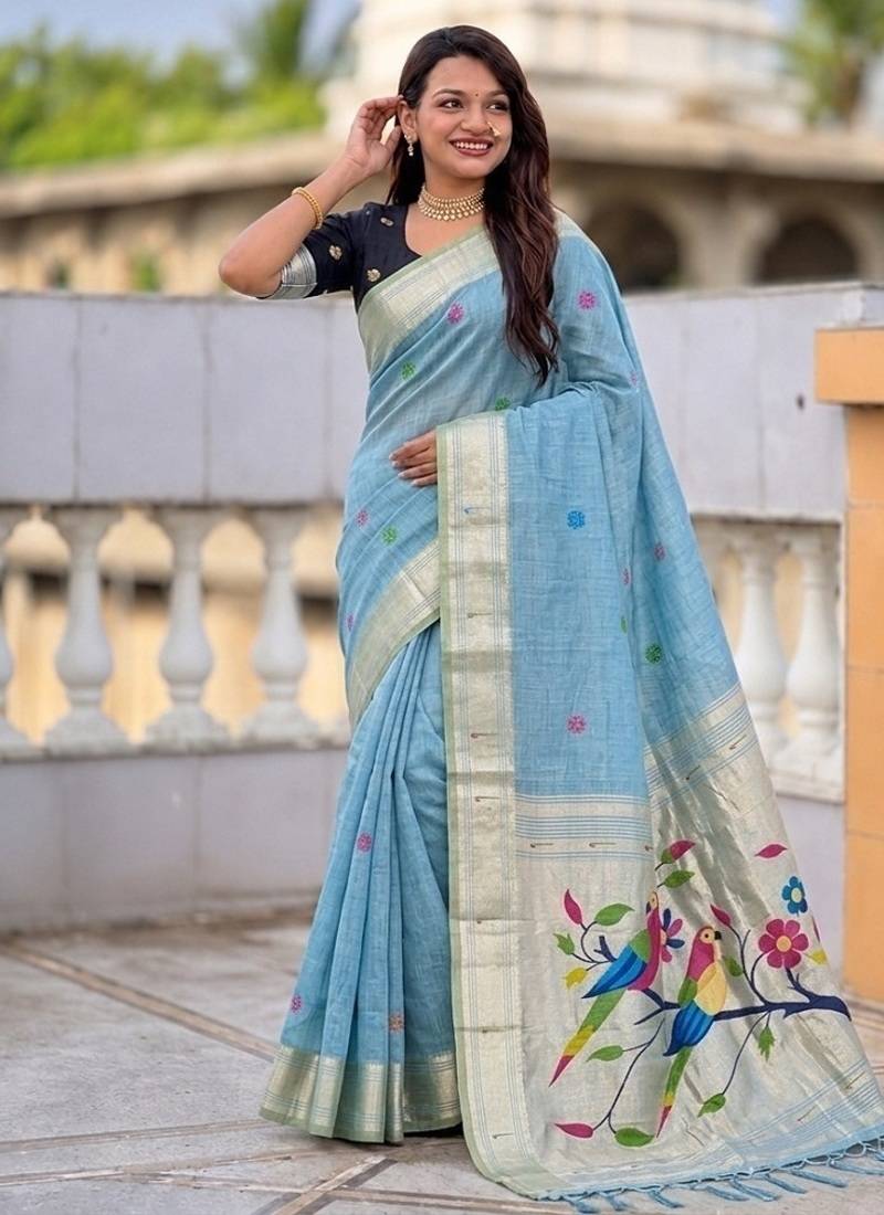 Skyblue cotton silk saree with traditional bird motifs pallu with blouse