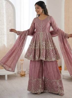 Onionpink fendy satin with embroidered sequince work plazzo set 3
