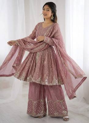 Onionpink fendy satin with embroidered sequince work plazzo set 4