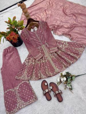 Onionpink fendy satin with embroidered sequince work plazzo set 5