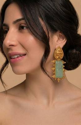Mint green carved antique gold statement earrings 1
