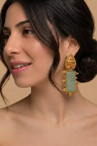 Mint green carved antique gold statement earrings