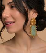 Mint green carved antique gold statement earrings