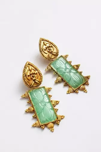 Mint green carved antique gold statement earrings