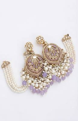 Lavender kundan chandbali earrings with pearl droplets 2