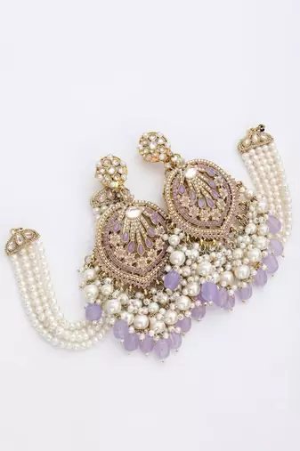 Lavender kundan chandbali earrings with pearl droplets