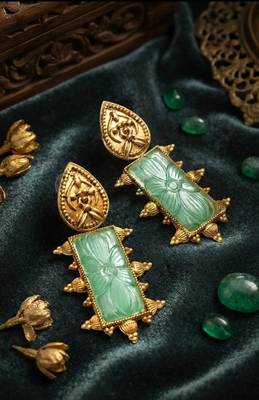 Mint green carved antique gold statement earrings 3