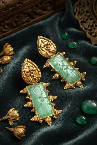 Mint green carved antique gold statement earrings