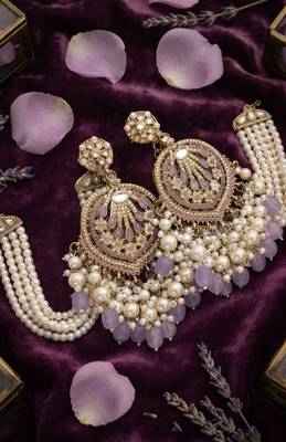 Lavender kundan chandbali earrings with pearl droplets 3