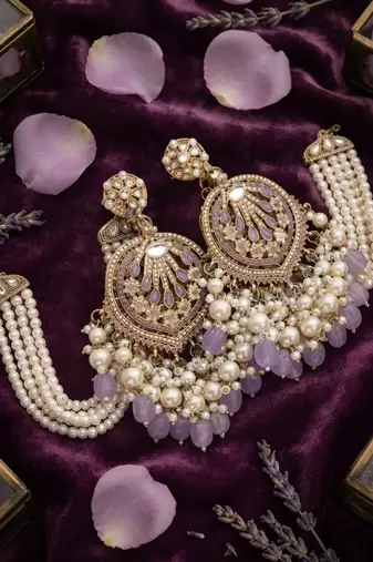 Lavender kundan chandbali earrings with pearl droplets