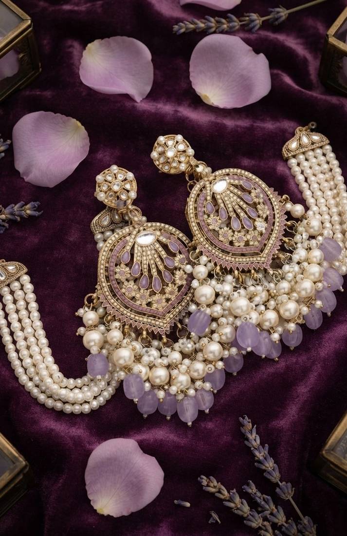 Lavender kundan chandbali earrings with pearl droplets
