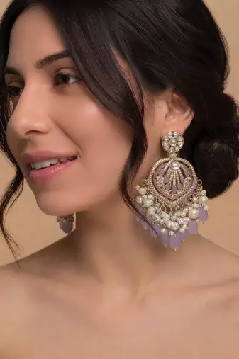 Lavender kundan chandbali earrings with pearl droplets
