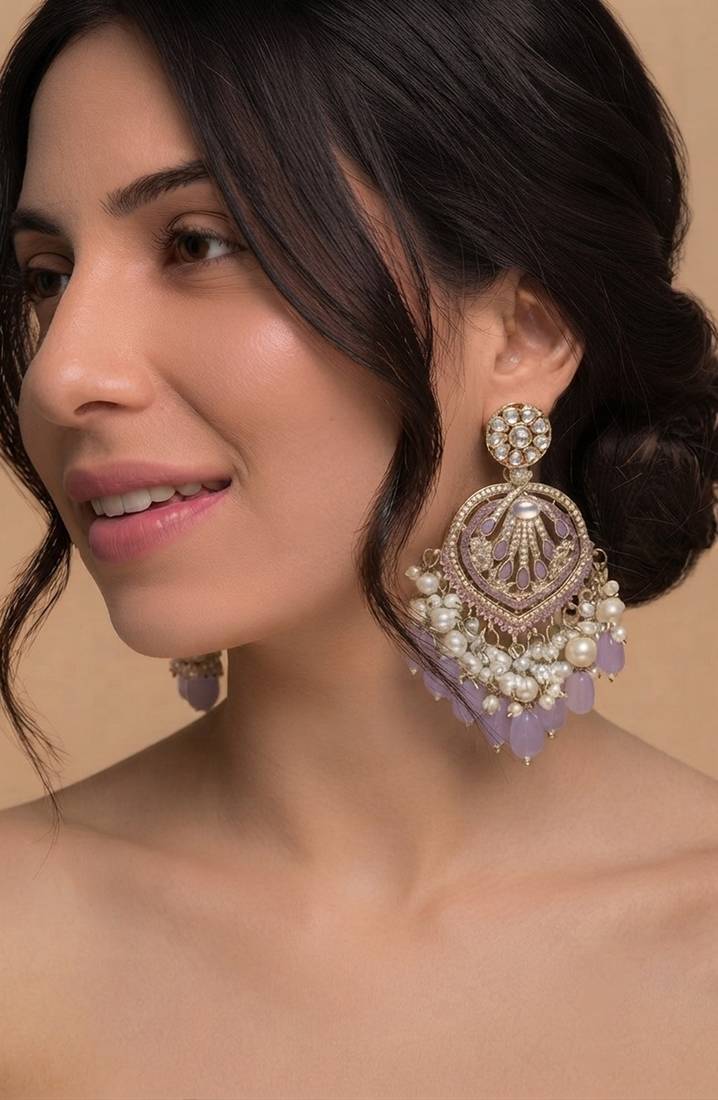 Lavender kundan chandbali earrings with pearl droplets