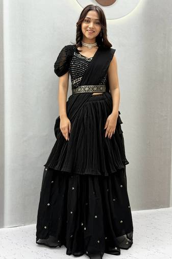 Black Color  Embroidery ,sequence, Mirror And Thread work Fuax georgette Lehenga Choli Set