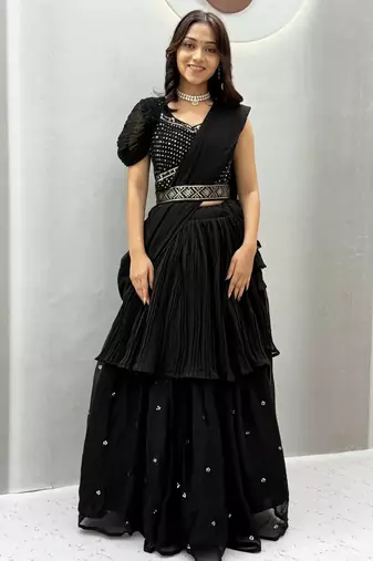 Black Color  Embroidery ,sequence, Mirror And Thread work Fuax georgette Lehenga Choli Set