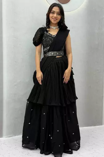 Black Color  Embroidery ,sequence, Mirror And Thread work Fuax georgette Lehenga Choli Set