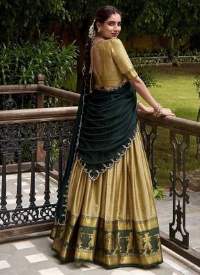 Traditional Cream Poly Cotton Half Saree With Zari Weaving Work Lehenga Choli 2