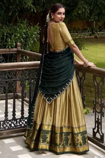 Traditional Cream Poly Cotton Half Saree With Zari Weaving Work Lehenga Choli