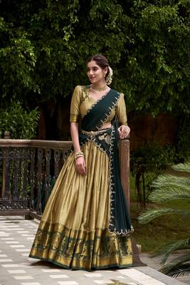 Traditional Cream Poly Cotton Half Saree With Zari Weaving Work Lehenga Choli 3