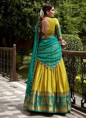 Traditional Yellow Poly Cotton Half Saree With Zari Weaving Work Lehenga Choli 2