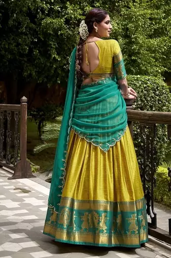 Traditional Yellow Poly Cotton Half Saree With Zari Weaving Work Lehenga Choli
