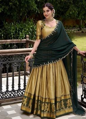 Traditional Cream Poly Cotton Half Saree With Zari Weaving Work Lehenga Choli 4