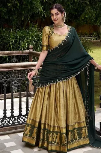 Traditional Cream Poly Cotton Half Saree With Zari Weaving Work Lehenga Choli