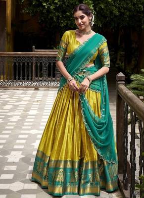 Traditional Yellow Poly Cotton Half Saree With Zari Weaving Work Lehenga Choli 3