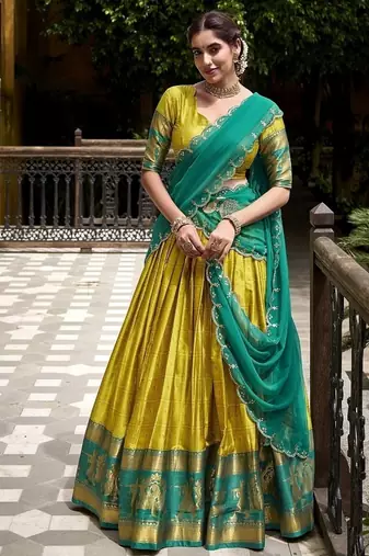 Traditional Yellow Poly Cotton Half Saree With Zari Weaving Work Lehenga Choli