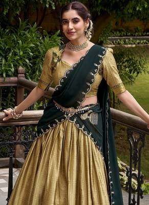 Traditional Cream Poly Cotton Half Saree With Zari Weaving Work Lehenga Choli 5