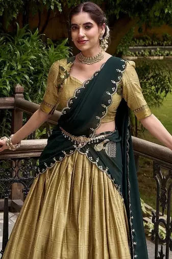 Traditional Cream Poly Cotton Half Saree With Zari Weaving Work Lehenga Choli