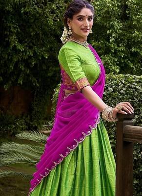 Traditional Perrot Poly Cotton Half Saree With Zari Weaving Work Lehenga Choli 2